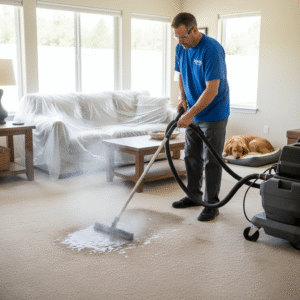 Professional carpet cleaning technician from Kidwell Brothers removing pet stains using industrial equipment in a Bakersfield home